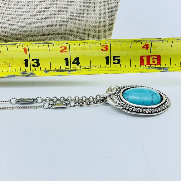 AEO Signed Faux Turquoise Pendant Necklace Silver Tone Ethnic Native Tribal SW - Picture 7 of 9